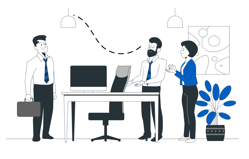 Job interview scene showing candidate meeting with employers in professional office setting